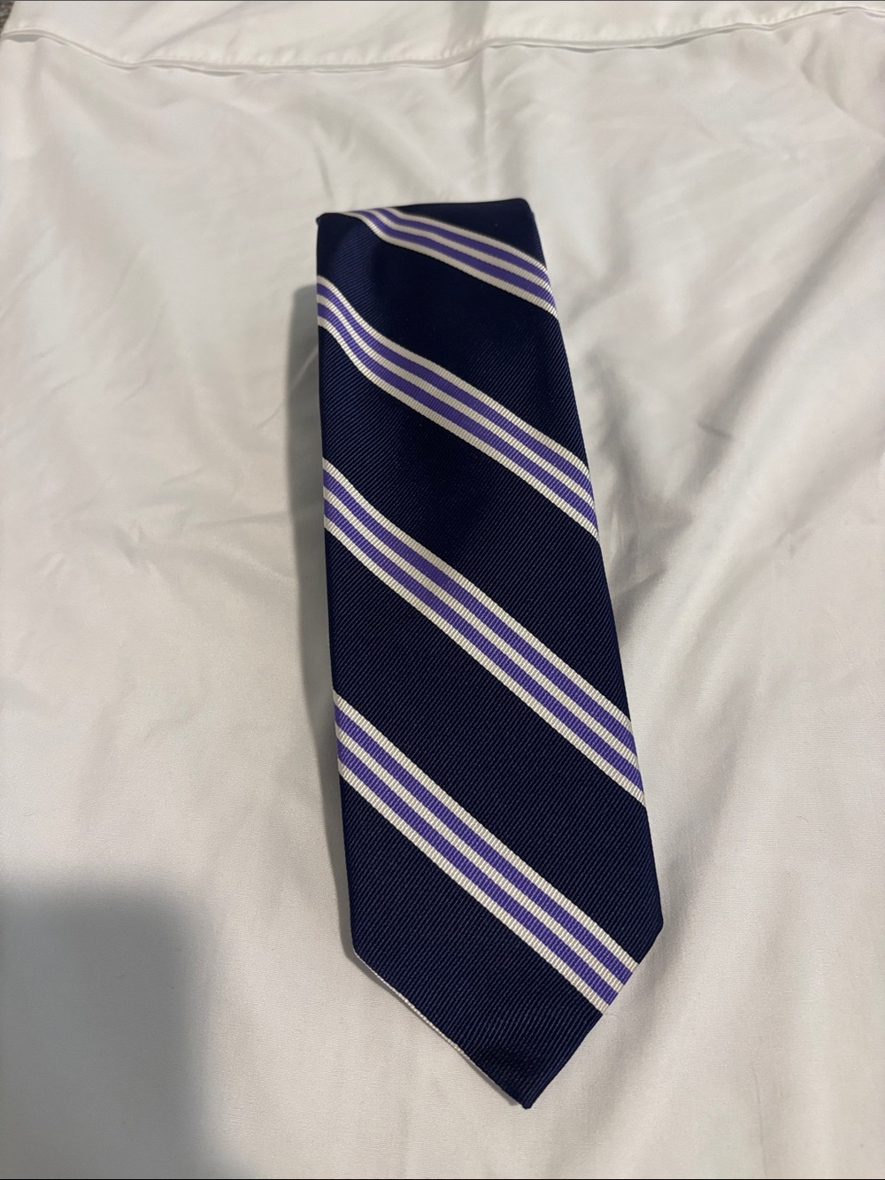 Men's Navy Tie with Lavender and White Diagonal Stripes